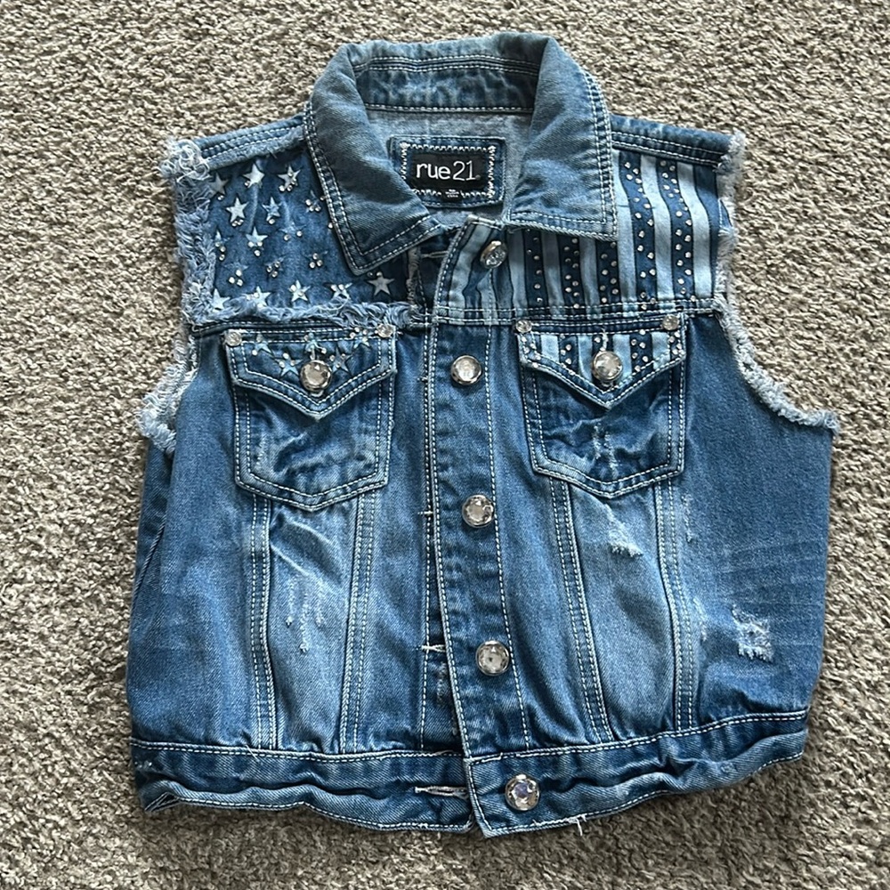 Small Rue 21 Star and Stripes Denim Distressed Vest